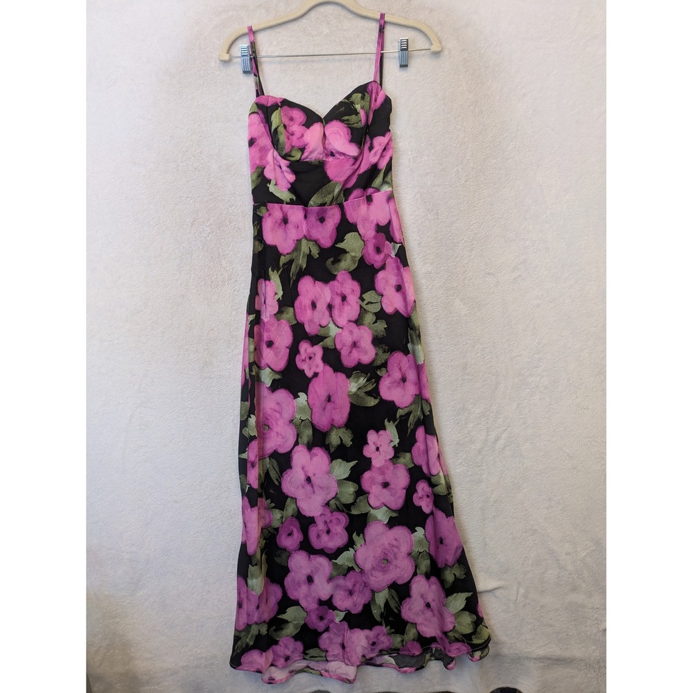 Saints & Secrets Maxi Satin Dress Women's Small S Black Purple Floral Sweetheart